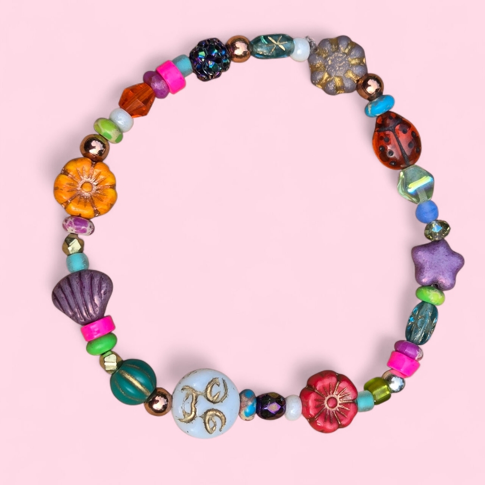 Boho Celestial Moon Flower Multi Color Mixed Bead Stretch Bracelet Dopamine